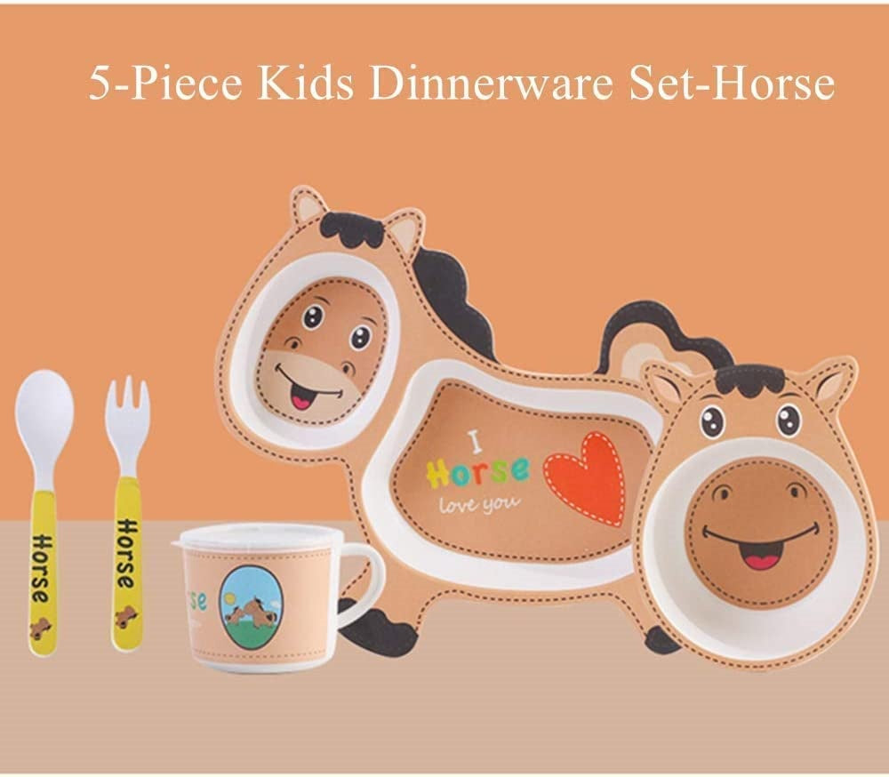 🌿ARNIYAVALA 5-Piece Bamboo Fiber Dinnerware Set for Kids – Eco-Friendly, Non-Toxic & Fun Horse Design! 🐴🍽️