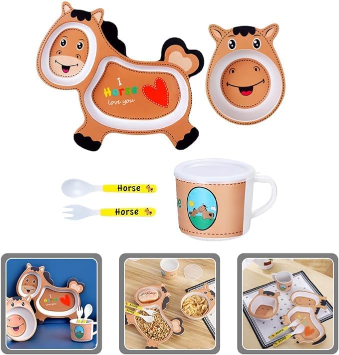 🌿ARNIYAVALA 5-Piece Bamboo Fiber Dinnerware Set for Kids – Eco-Friendly, Non-Toxic & Fun Horse Design! 🐴🍽️