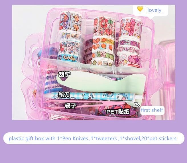 Washi Tape Set - 100 Pcs Designer Decorative Masking Tapes with 20 Pcs Kawaii Stickers, Tweezer, Pen and Spatula in 3 Layer Box, Tapes for DIY Art & Crafts, Wrapping (B)
