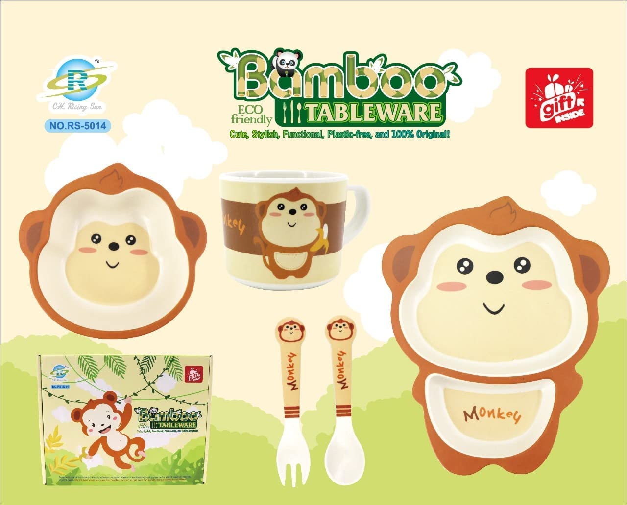 🌿ARNIYAVALA Eco-Friendly Bamboo Fiber Baby Tableware Set with Monkey Design – 5-Piece Self-Feeding Dinner Set