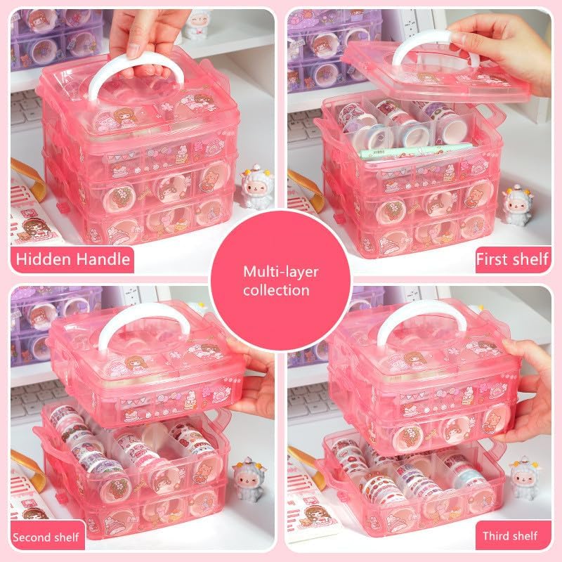 Washi Tape Set - 100 Pcs Designer Decorative Masking Tapes with 20 Pcs Kawaii Stickers, Tweezer, Pen and Spatula in 3 Layer Box, Tapes for DIY Art & Crafts, Wrapping (B)