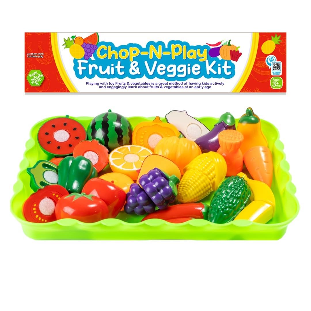 Arniyavala Chop-N-Play Fruit & Veggie Kit | 15-Piece Sliceable Fruits & Vegetables, Cutting Board & Knife, Kids Pretend Play Kitchen Toy Set ππͺπ