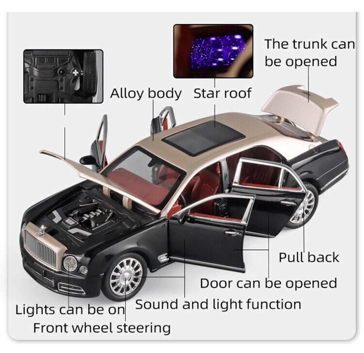 ARNIYAVALA 1:24 Scale Bentley Mulsanne Diecast Cars Models πβ¨ - Pull Back Car Toys with 6 Open Doors, Light and Sound, Boys Toys, Kids & Adults Gift π