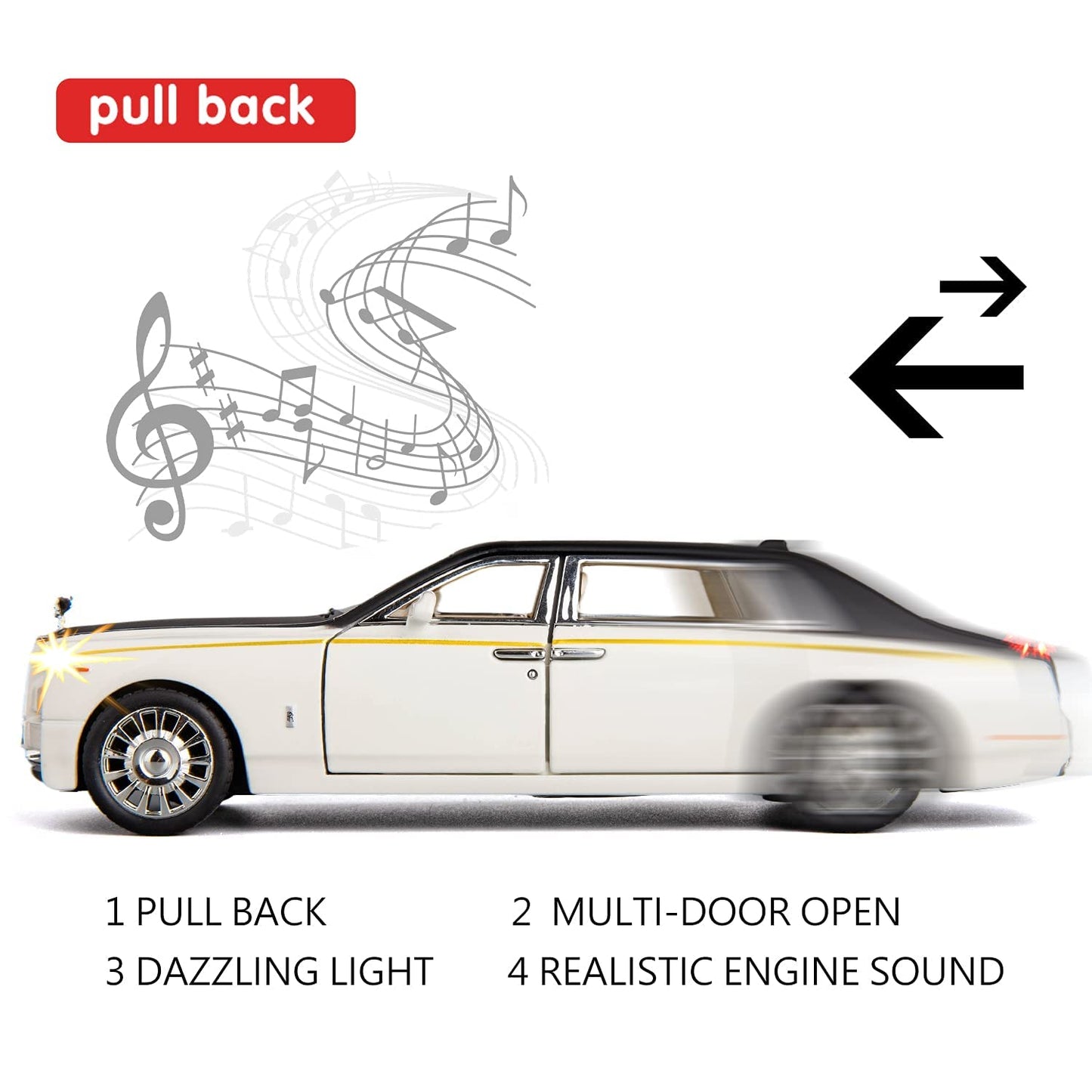 ARNIYAVALA 1:32 Scale Rolls Royce Phantom Diecast Metal Pull Back Toy Car with Openable Doors, Sound & Light Effects