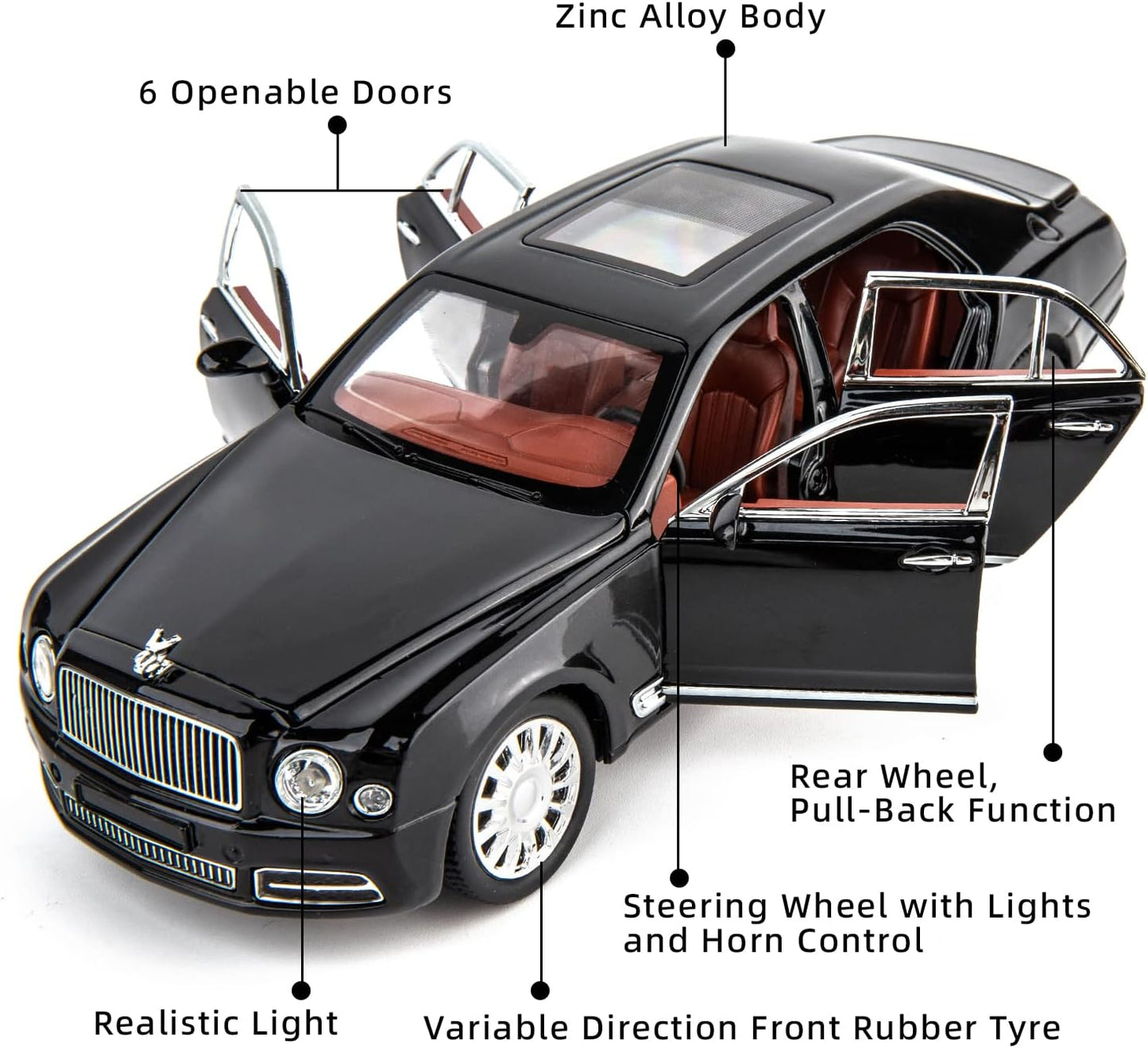 ARNIYAVALA 1:24 Scale Bentley Mulsanne Diecast Cars Models πβ¨ - Pull Back Car Toys with 6 Open Doors, Light and Sound, Boys Toys, Kids & Adults Gift π