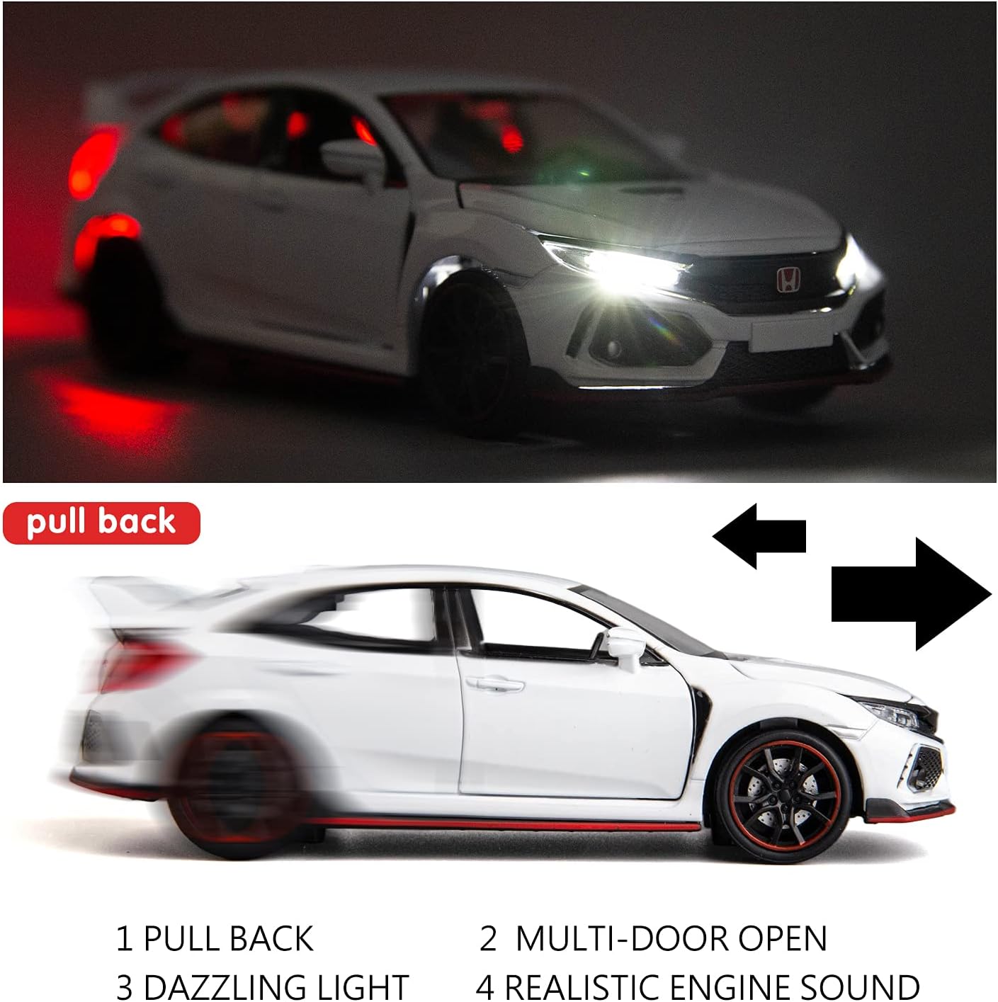 ARNIYAVALA 1:32 Scale Civic Type R Diecast Alloy Metal Pull Back Toy Car π, with Openable Doors πͺ, Music πΆ, Sound π, and Light π‘ Effects