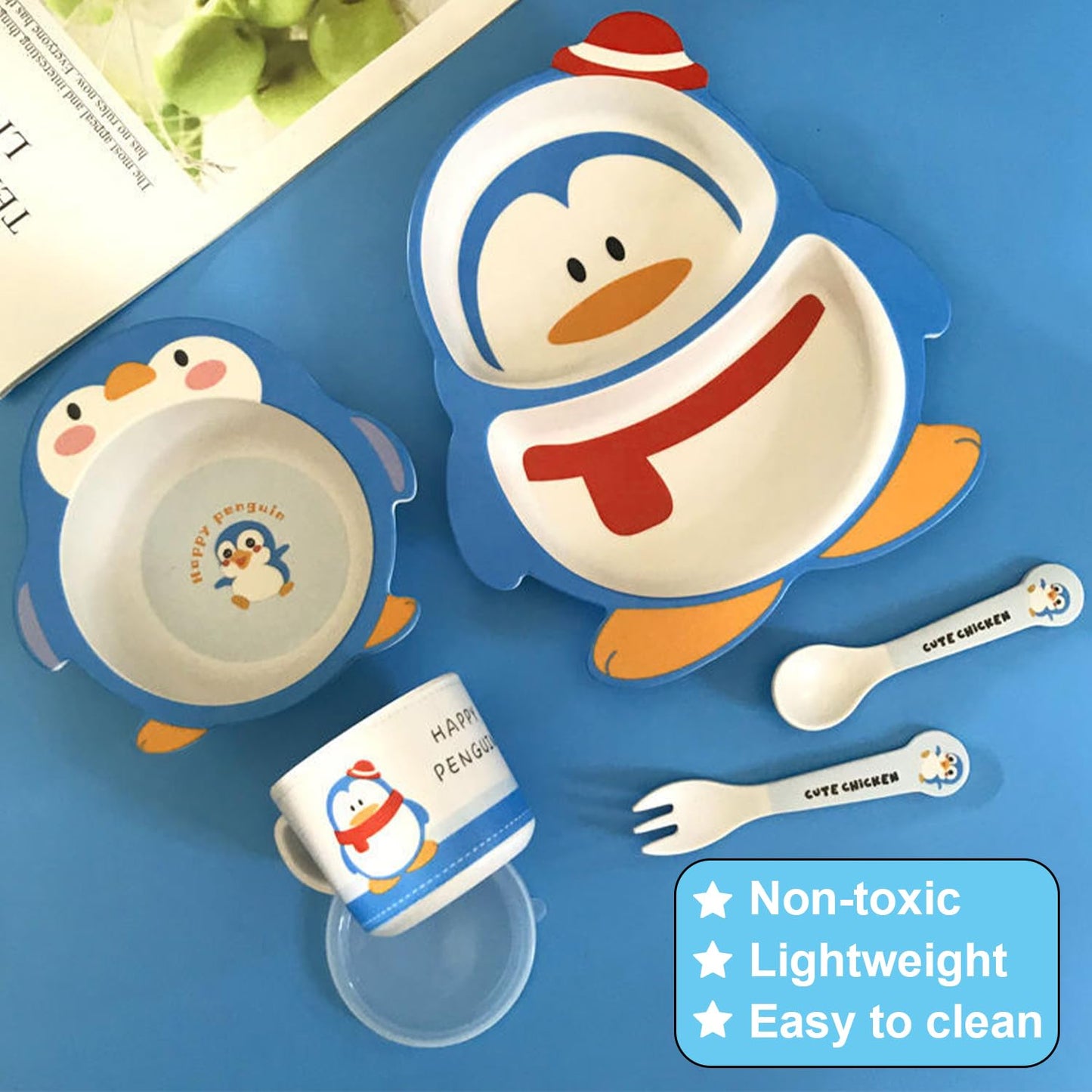 🌿ARNIYAVALA Penguin 5-Piece Bamboo Fiber Dinnerware Set – Eco-Friendly, Non-Toxic & Adorable Penguin Design! 🐧🍽️