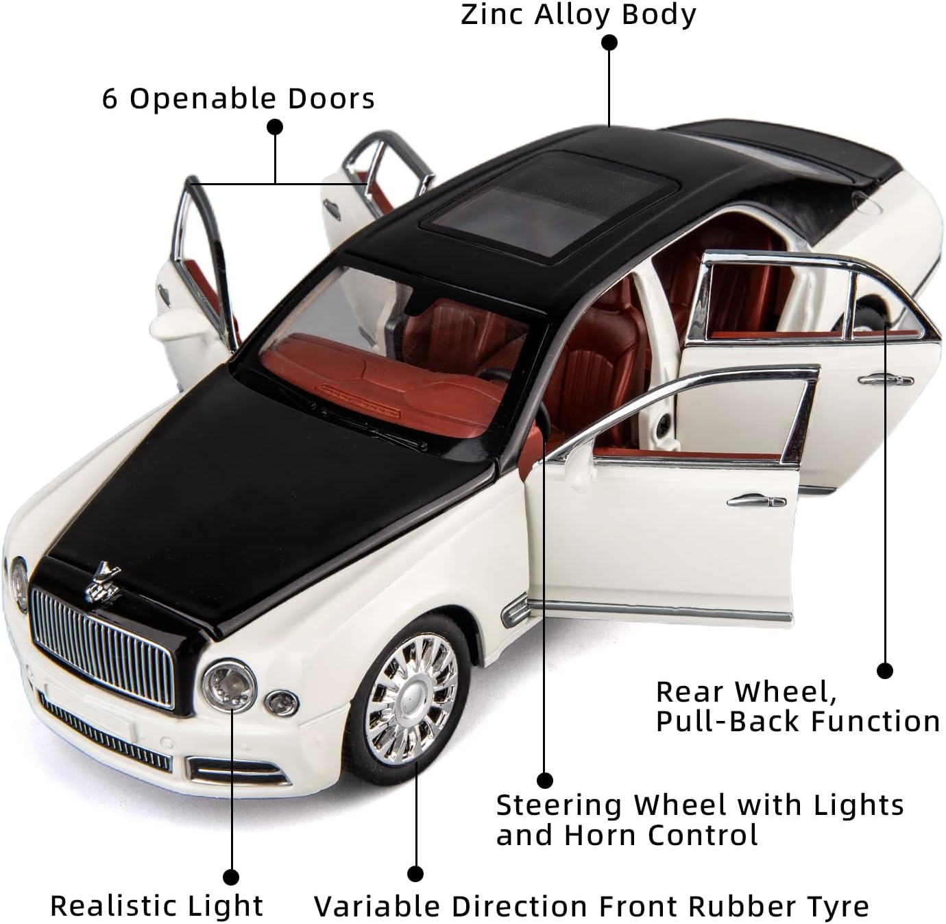 ARNIYAVALA 1:24 Scale Bentley Mulsanne Diecast Cars Models πβ¨ - Pull Back Car Toys with 6 Open Doors, Light and Sound, Boys Toys, Kids & Adults Gift π