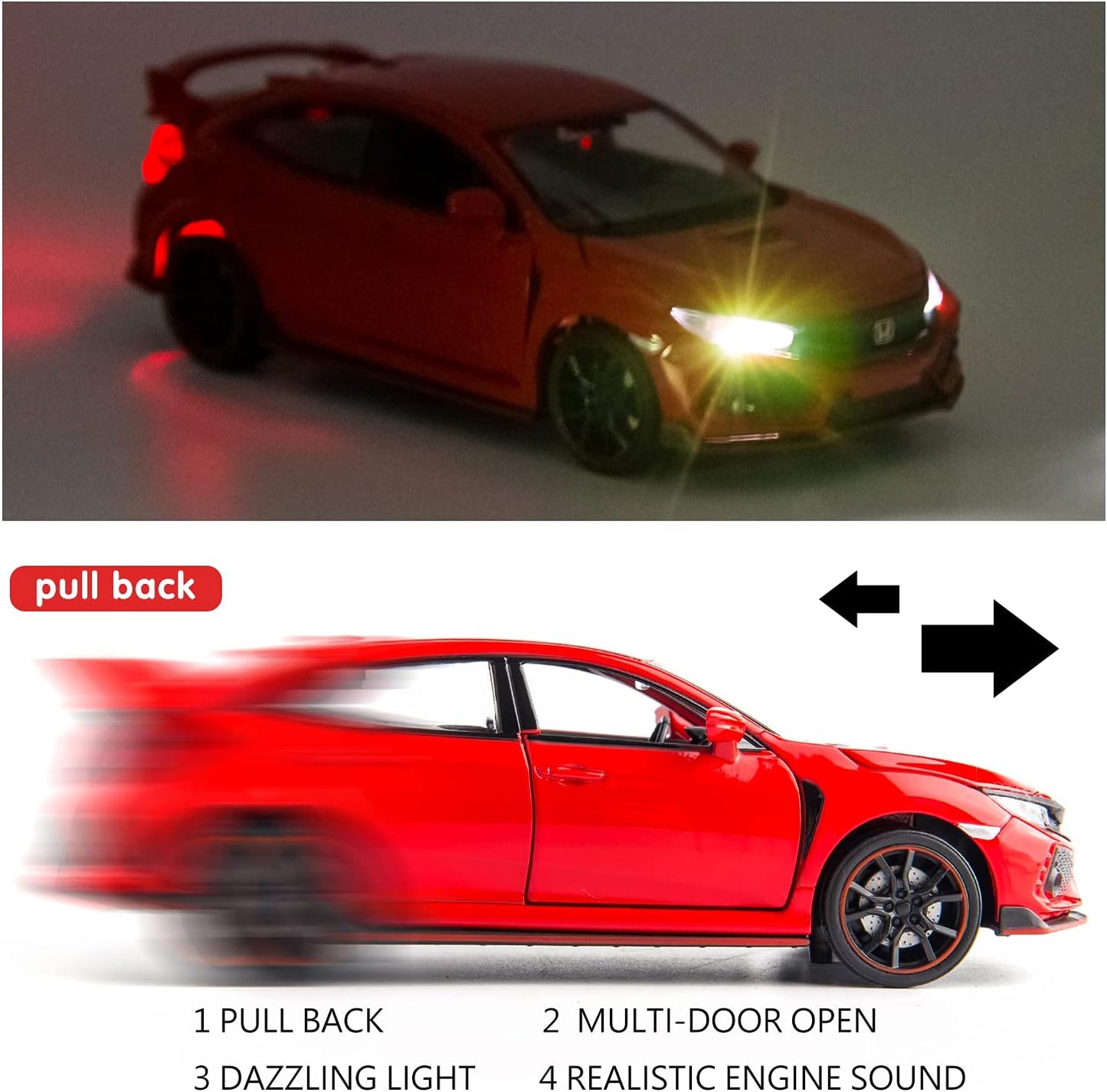 ARNIYAVALA 1:32 Scale Civic Type R Diecast Alloy Metal Pull Back Toy Car π, with Openable Doors πͺ, Music πΆ, Sound π, and Light π‘ Effects