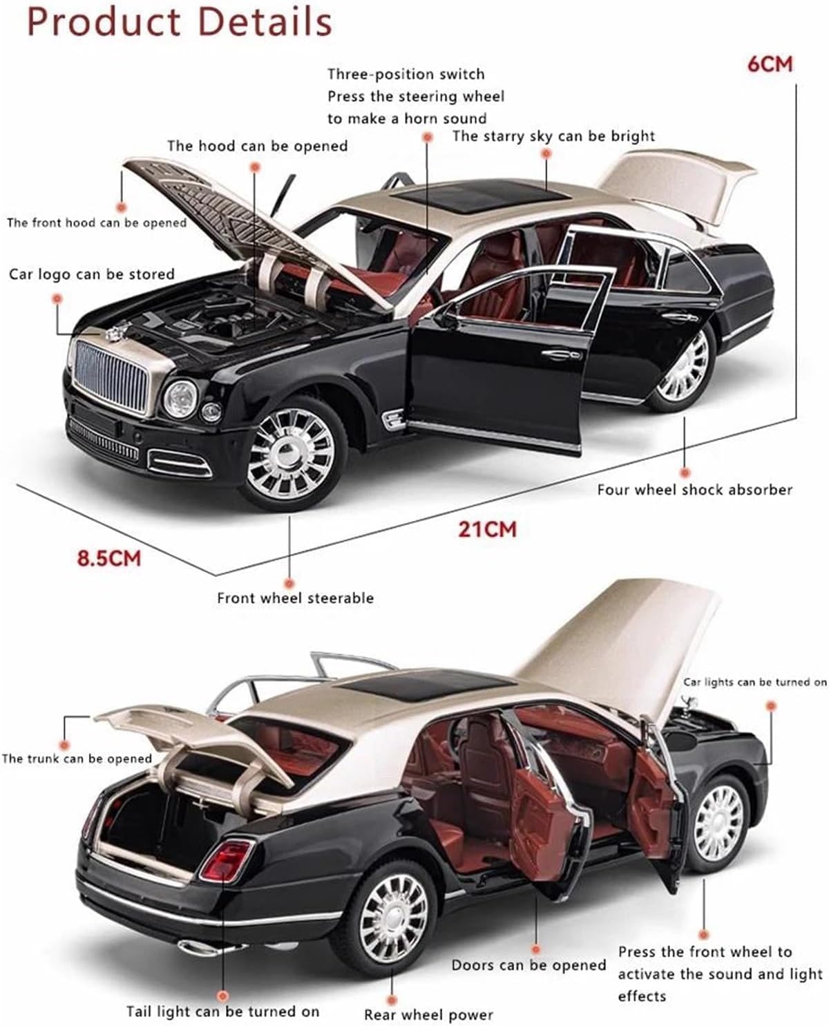 ARNIYAVALA 1:24 Scale Bentley Mulsanne Diecast Cars Models πβ¨ - Pull Back Car Toys with 6 Open Doors, Light and Sound, Boys Toys, Kids & Adults Gift π