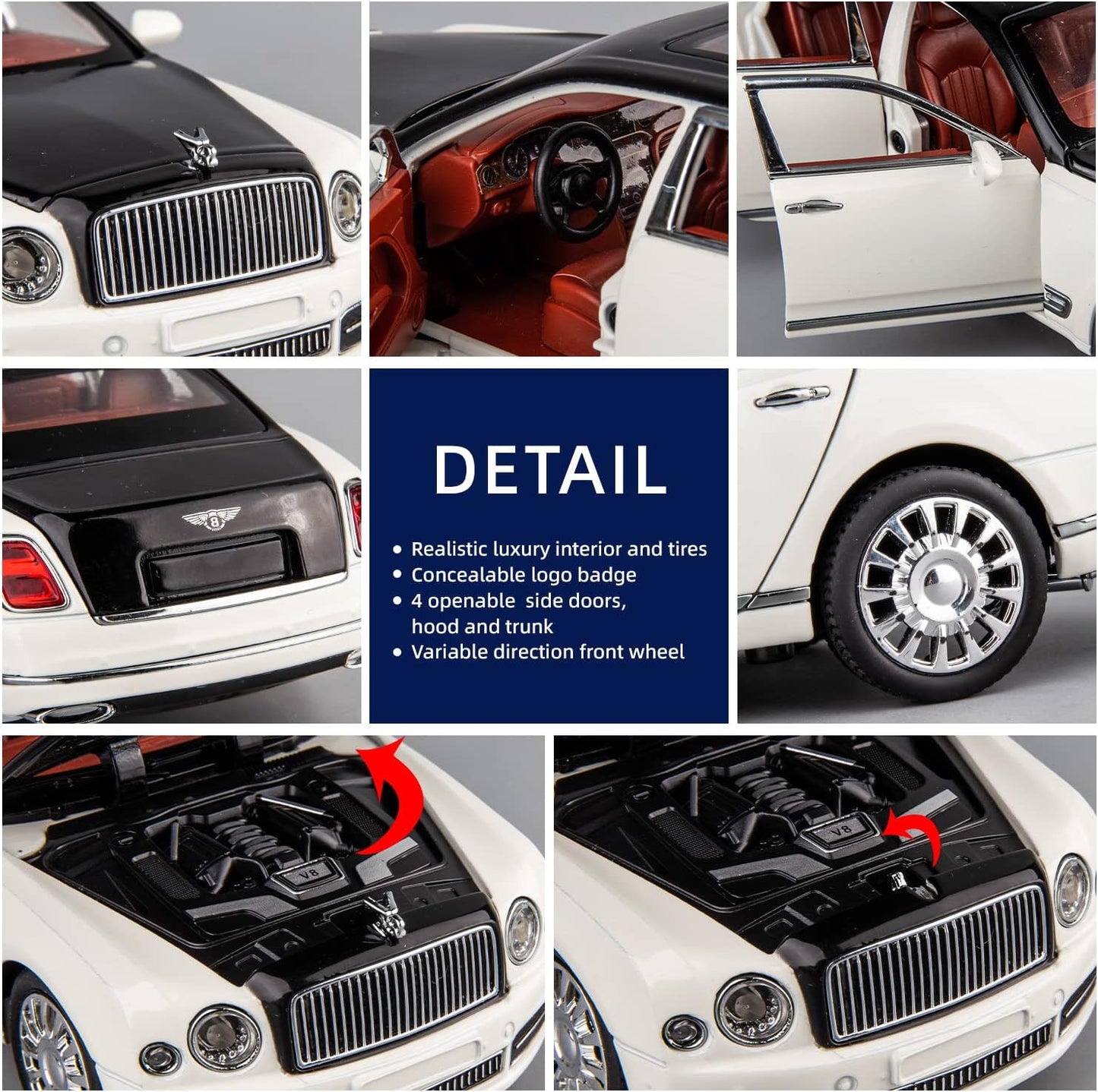 ARNIYAVALA 1:24 Scale Bentley Mulsanne Diecast Cars Models πβ¨ - Pull Back Car Toys with 6 Open Doors, Light and Sound, Boys Toys, Kids & Adults Gift π