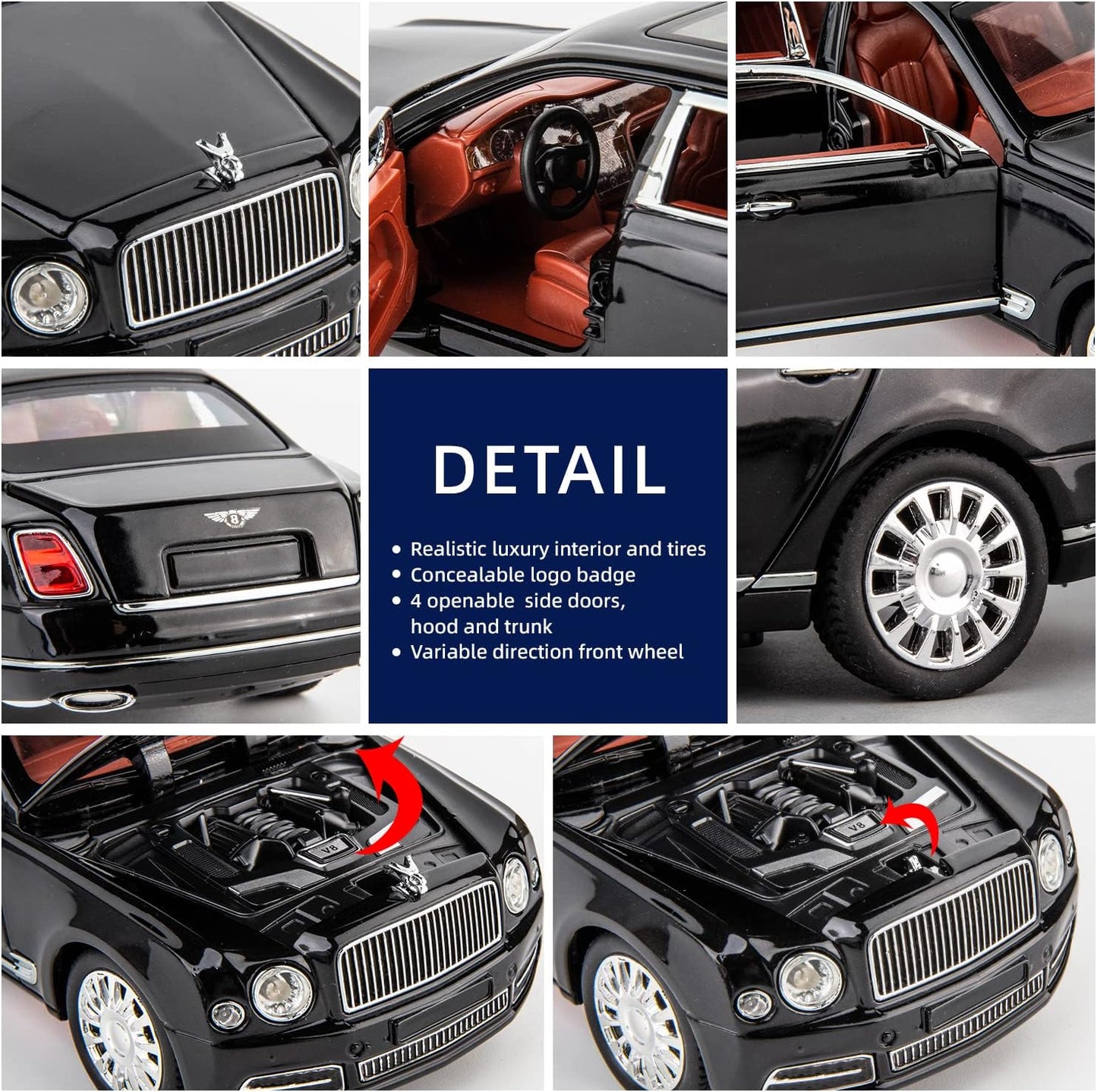 ARNIYAVALA 1:24 Scale Bentley Mulsanne Diecast Cars Models πβ¨ - Pull Back Car Toys with 6 Open Doors, Light and Sound, Boys Toys, Kids & Adults Gift π