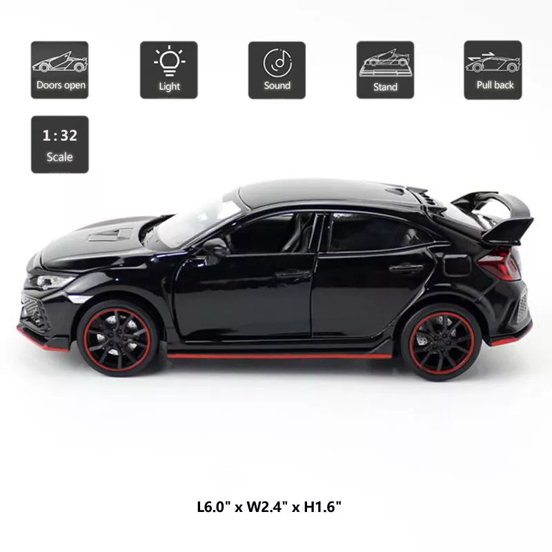 ARNIYAVALA 1:32 Scale Civic Type R Diecast Alloy Metal Pull Back Toy Car π, with Openable Doors πͺ, Music πΆ, Sound π, and Light π‘ Effects
