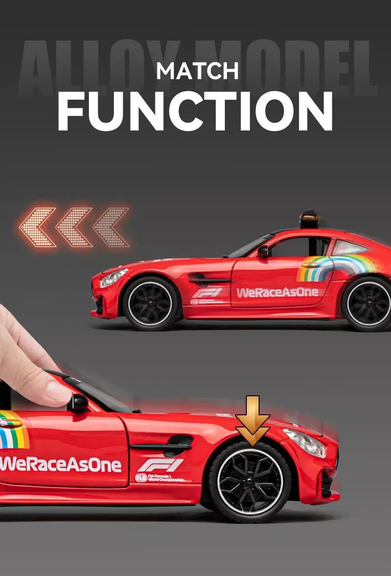 💕ARNIYAVALA 1/24 Mercedes AMG GTR Safety Car F1 Sport Car Model Alloy Diecast with Pullback Action, Light & Sound Effects 🚗💨 – Premium Collectible for Kids & Car Enthusiasts! 🎁✨