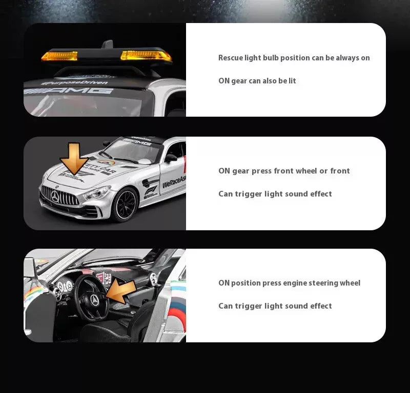 💕ARNIYAVALA 1/24 Mercedes AMG GTR Safety Car F1 Sport Car Model Alloy Diecast with Pullback Action, Light & Sound Effects 🚗💨 – Premium Collectible for Kids & Car Enthusiasts! 🎁✨