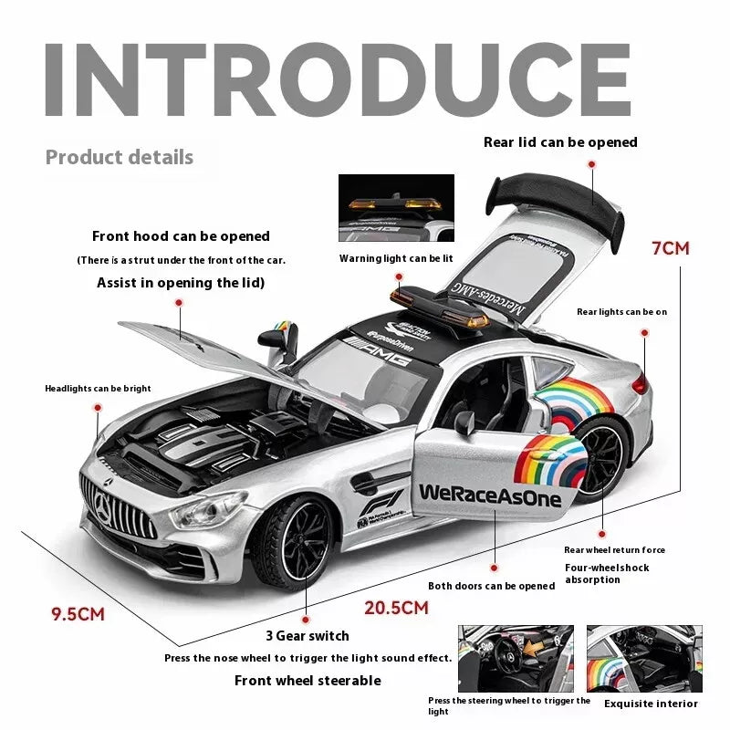 💕ARNIYAVALA 1/24 Mercedes AMG GTR Safety Car F1 Sport Car Model Alloy Diecast with Pullback Action, Light & Sound Effects 🚗💨 – Premium Collectible for Kids & Car Enthusiasts! 🎁✨