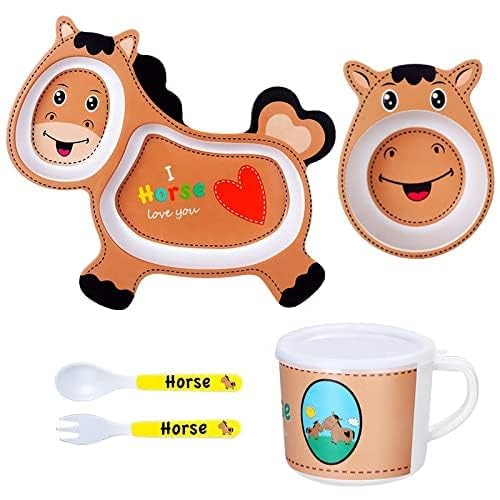 🌿ARNIYAVALA 5-Piece Bamboo Fiber Dinnerware Set for Kids – Eco-Friendly, Non-Toxic &amp; Fun Horse Design! 🐴🍽️