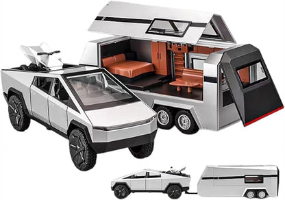 1/32 Tesla Pickup Trailer RV Model Kit, Off-Road Vehicle Alloy,Car Model Diecast Metal Toy,Truck Model Simulation Sound Light,Gifts for boy Girl.