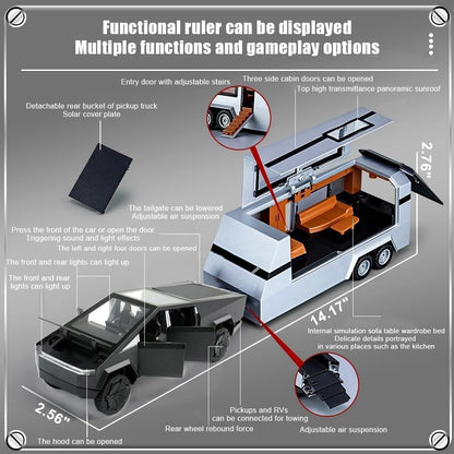 1/32 Tesla Pickup Trailer RV Model Kit, Off-Road Vehicle Alloy,Car Model Diecast Metal Toy,Truck Model Simulation Sound Light,Gifts for boy Girl.