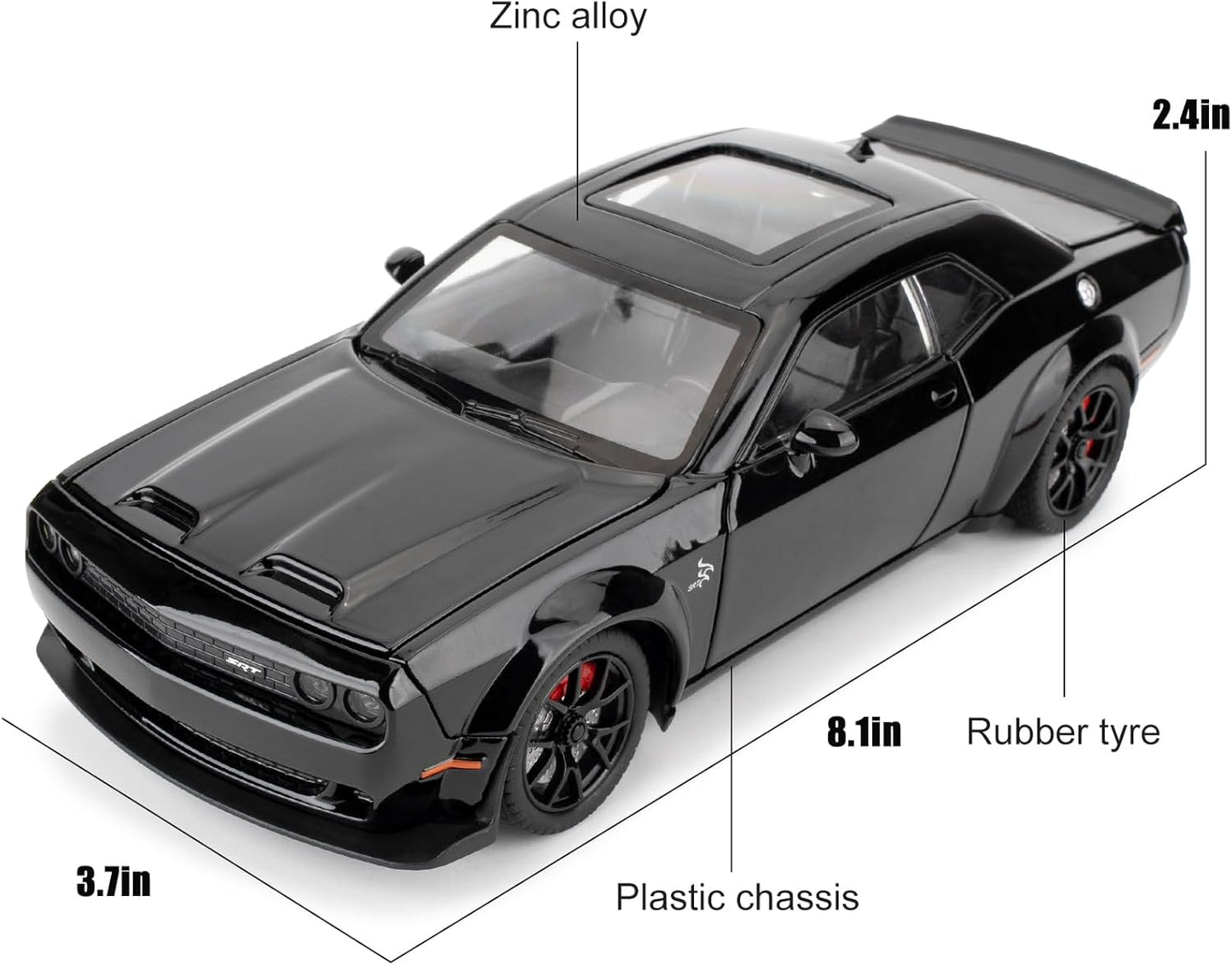 1/24 Dodge Challenger Hellcat Model Car, Zinc Alloy Pull Back Toy car with Sound and Light for Kids Boy Girl Gift