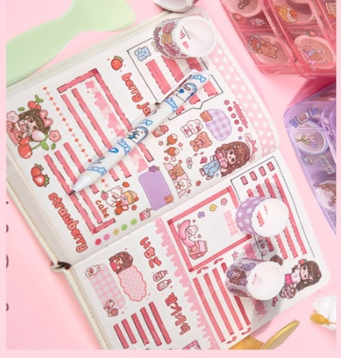 Washi Tape Set - 100 Pcs Designer Decorative Masking Tapes with 20 Pcs Kawaii Stickers, Tweezer, Pen and Spatula in 3 Layer Box, Tapes for DIY Art & Crafts, Wrapping (B)