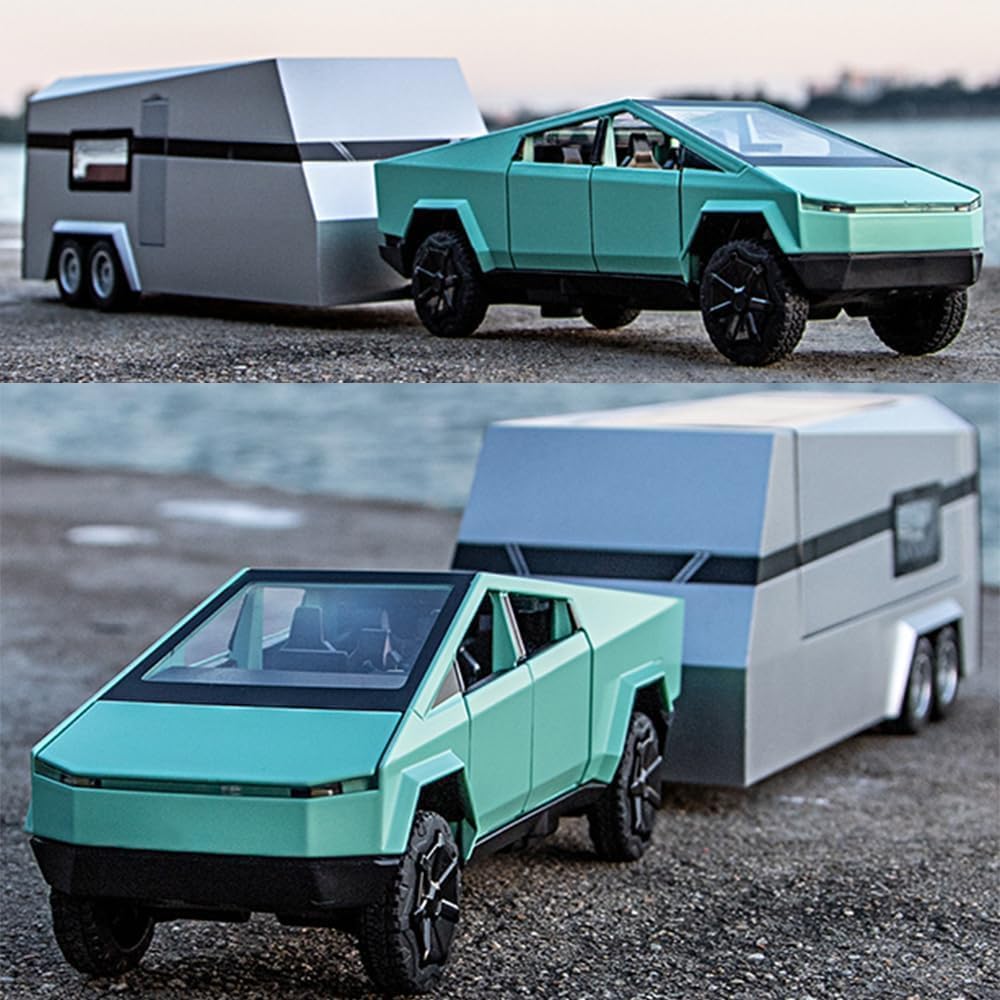 1/32 Tesla Pickup Trailer RV Model Kit, Off-Road Vehicle Alloy,Car Model Diecast Metal Toy,Truck Model Simulation Sound Light,Gifts for boy Girl.