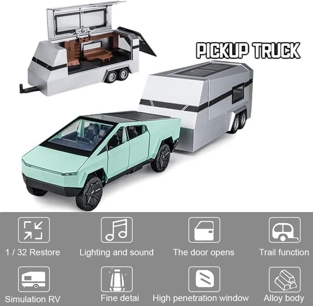 1/32 Tesla Pickup Trailer RV Model Kit, Off-Road Vehicle Alloy,Car Model Diecast Metal Toy,Truck Model Simulation Sound Light,Gifts for boy Girl.