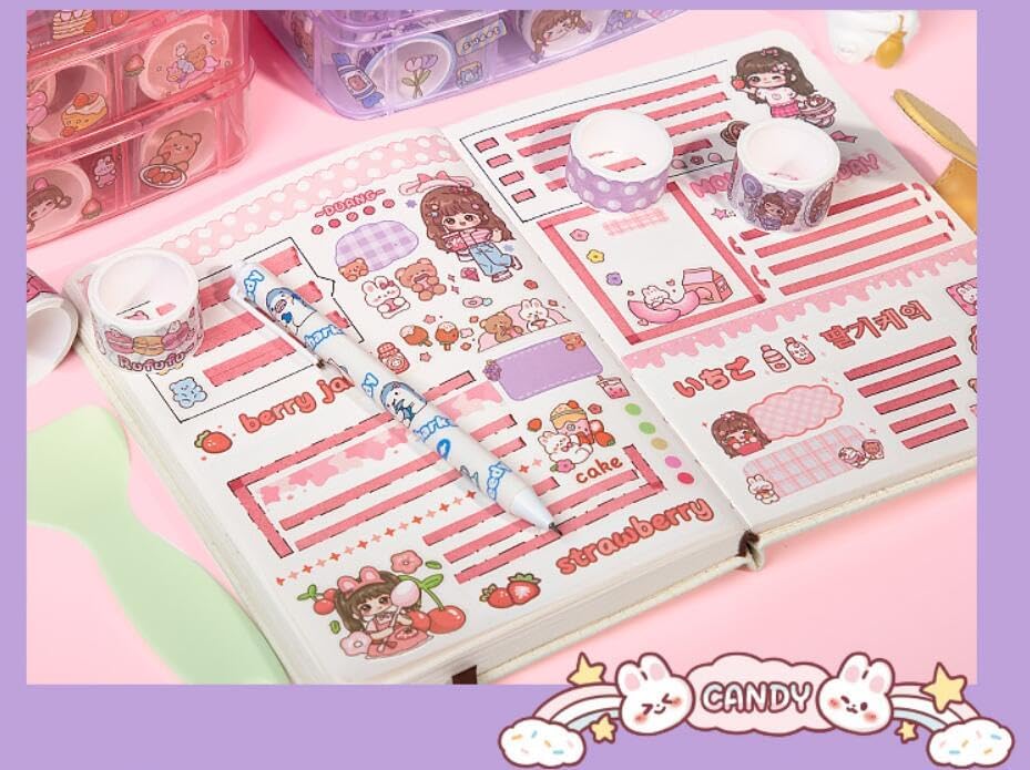 Washi Tape Set - 100 Pcs Designer Decorative Masking Tapes with 20 Pcs Kawaii Stickers, Tweezer, Pen and Spatula in 3 Layer Box, Tapes for DIY Art & Crafts, Wrapping (B)