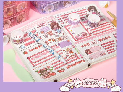 Washi Tape Set - 100 Pcs Designer Decorative Masking Tapes with 20 Pcs Kawaii Stickers, Tweezer, Pen and Spatula in 3 Layer Box, Tapes for DIY Art & Crafts, Wrapping (B)