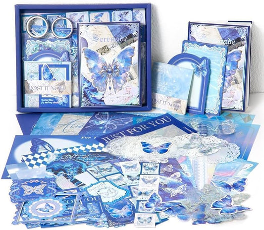 ARNIYAVALA 346pcs Blue💙 Butterfly Scrapbook Kit with Notebook🌸📖, Stickers & Decorative Papers, Collage Album Aesthetic Stickers, DIY Paper Stickers for Planners 🦋📓