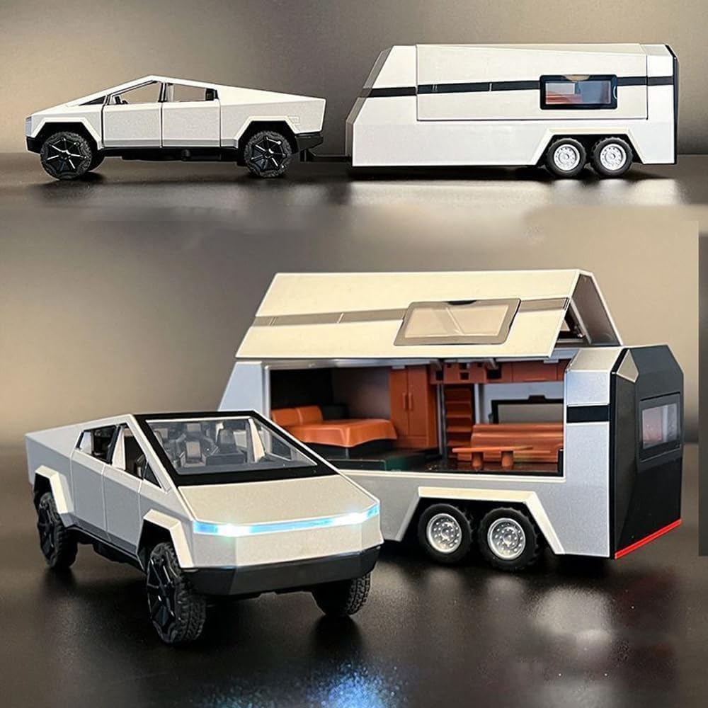 1/32 Tesla Pickup Trailer RV Model Kit, Off-Road Vehicle Alloy,Car Model Diecast Metal Toy,Truck Model Simulation Sound Light,Gifts for boy Girl.