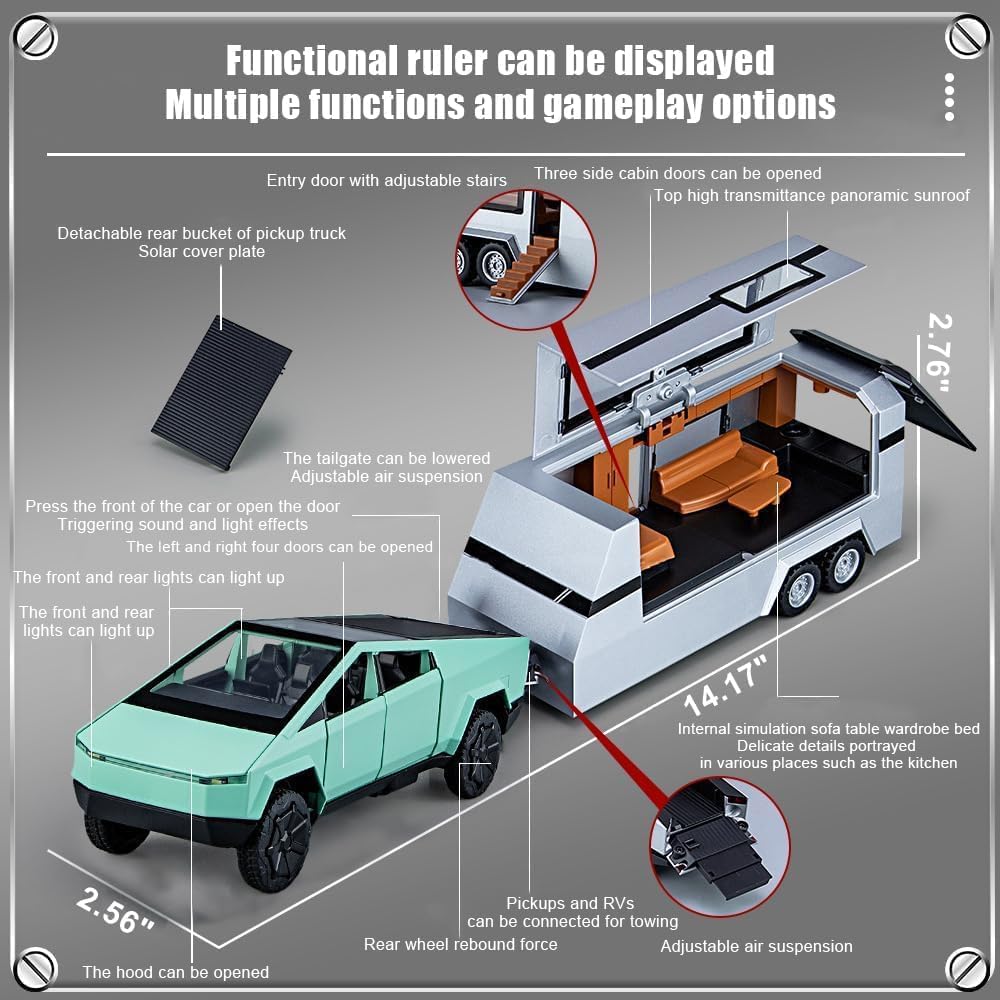 1/32 Tesla Pickup Trailer RV Model Kit, Off-Road Vehicle Alloy,Car Model Diecast Metal Toy,Truck Model Simulation Sound Light,Gifts for boy Girl.