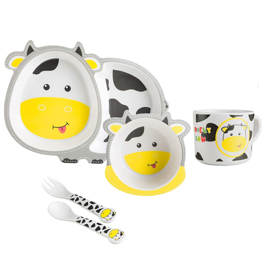 🌟 ARNIYAVALA Bamboo Fiber Dinner Set – Cow Design 🐄 – 5-Piece Tableware Set for Weaning Toddlers & Self-Feeding Baby 🍽️🌱