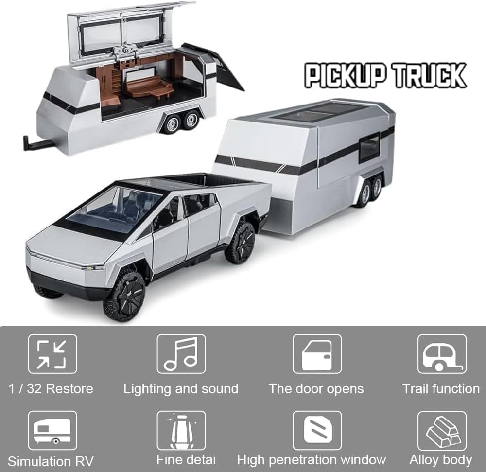 1/32 Tesla Pickup Trailer RV Model Kit, Off-Road Vehicle Alloy,Car Model Diecast Metal Toy,Truck Model Simulation Sound Light,Gifts for boy Girl.