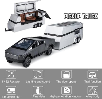 1/32 Tesla Pickup Trailer RV Model Kit, Off-Road Vehicle Alloy,Car Model Diecast Metal Toy,Truck Model Simulation Sound Light,Gifts for boy Girl.