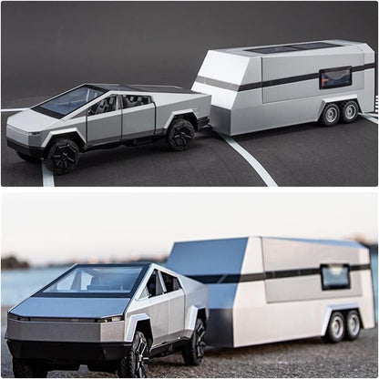 1/32 Tesla Pickup Trailer RV Model Kit, Off-Road Vehicle Alloy,Car Model Diecast Metal Toy,Truck Model Simulation Sound Light,Gifts for boy Girl.