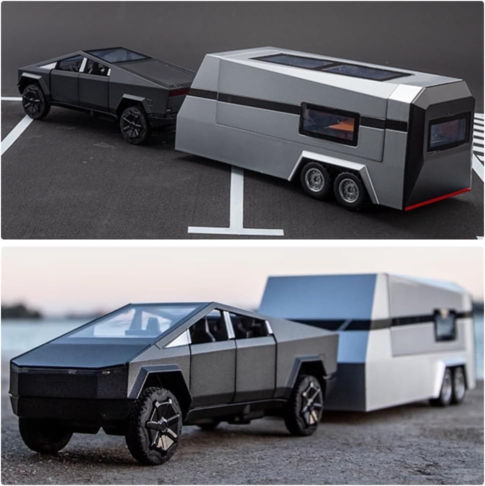 1/32 Tesla Pickup Trailer RV Model Kit, Off-Road Vehicle Alloy,Car Model Diecast Metal Toy,Truck Model Simulation Sound Light,Gifts for boy Girl.