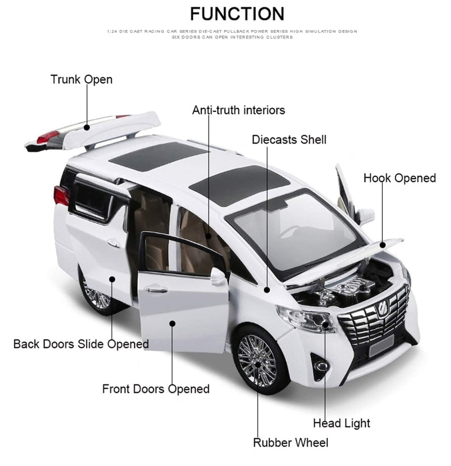 1:32 Alphard Alloy Die Cast Metal Car Model Diecast Metal Car With Light Sound Openable Door Pullback Toy Car For Kids Best Gifts Toys For Boys,Multicolor