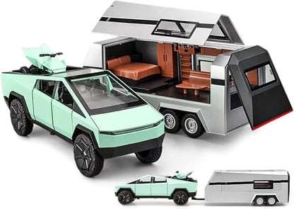 1/32 Tesla Pickup Trailer RV Model Kit, Off-Road Vehicle Alloy,Car Model Diecast Metal Toy,Truck Model Simulation Sound Light,Gifts for boy Girl.