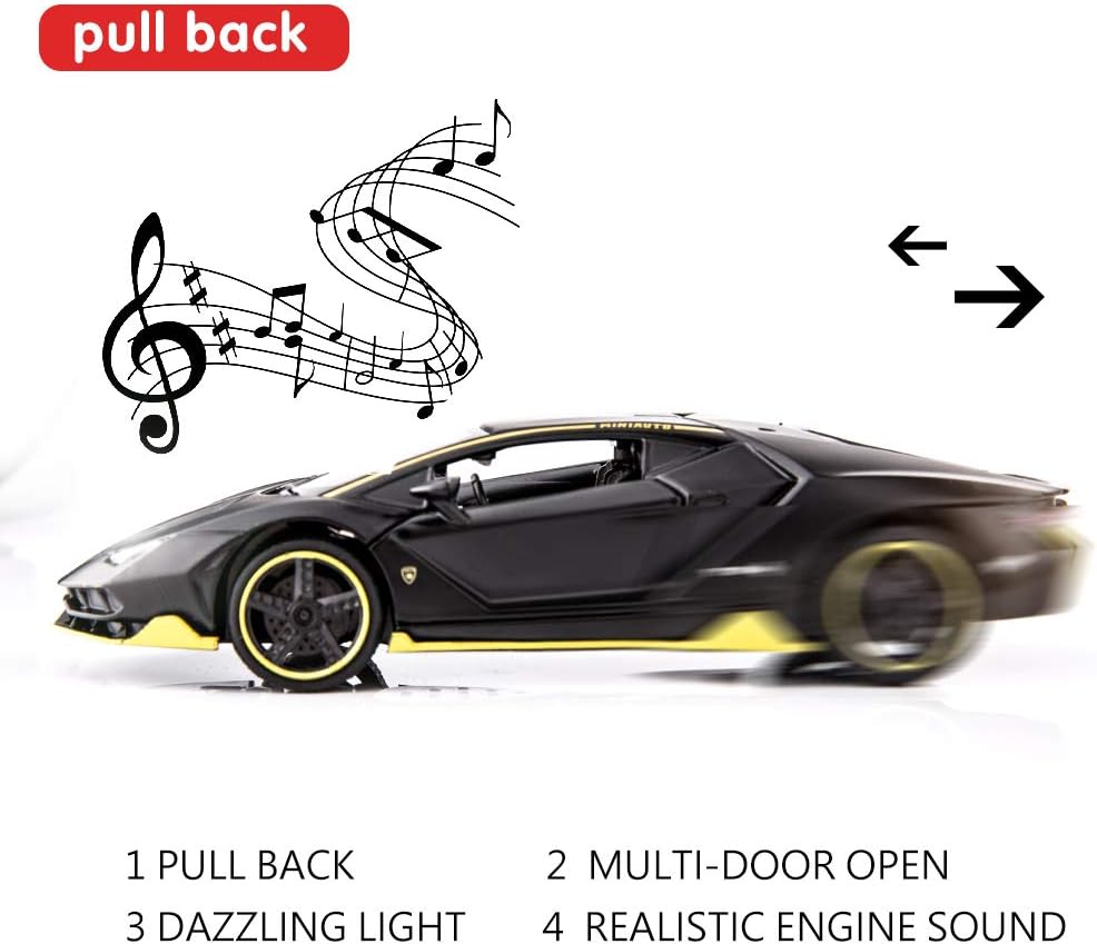 1:32 Lamborghini LP770 Car Model Toy Child Sound and Light Pull Back Car Zinc Alloy Toys for Kids Boy Girl Gift (Black)