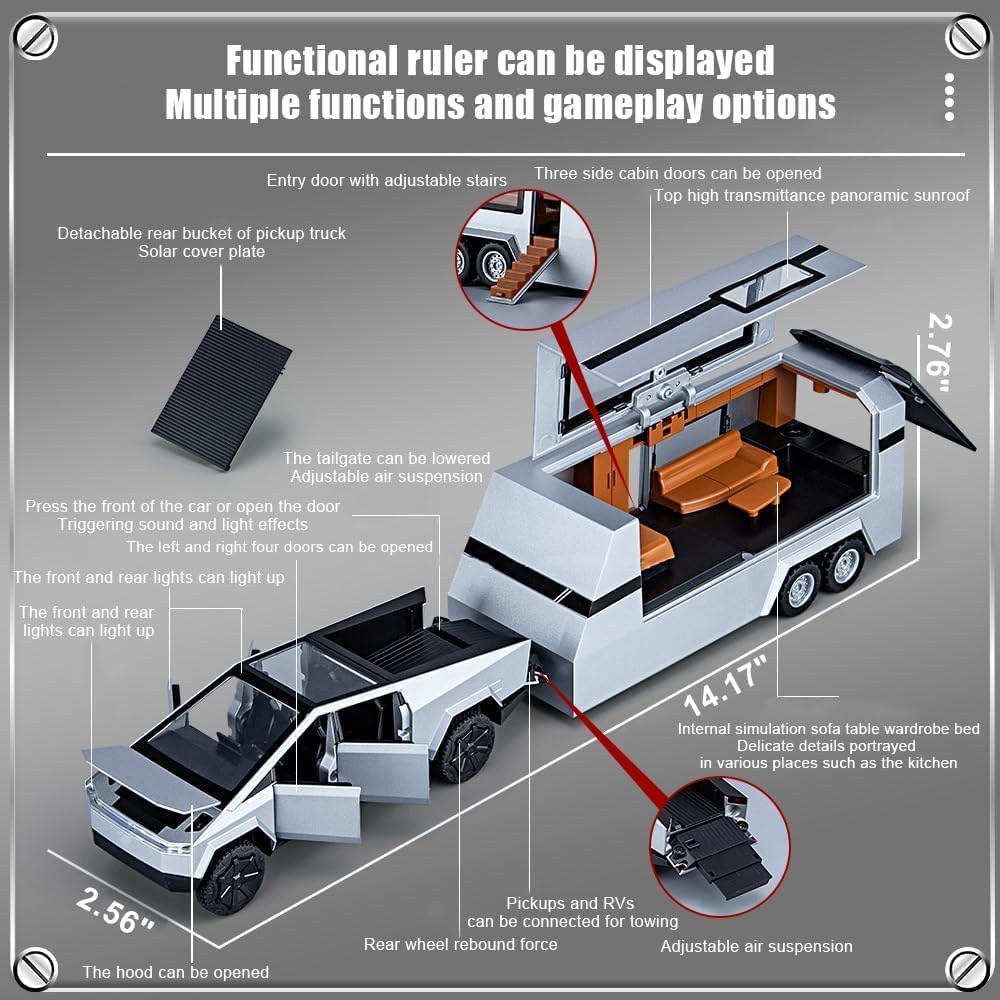 1/32 Tesla Pickup Trailer RV Model Kit, Off-Road Vehicle Alloy,Car Model Diecast Metal Toy,Truck Model Simulation Sound Light,Gifts for boy Girl.