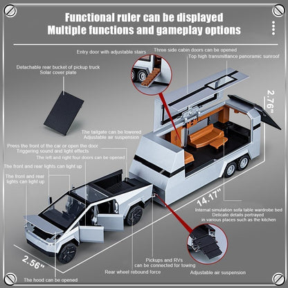 1/32 Tesla Pickup Trailer RV Model Kit, Off-Road Vehicle Alloy,Car Model Diecast Metal Toy,Truck Model Simulation Sound Light,Gifts for boy Girl.