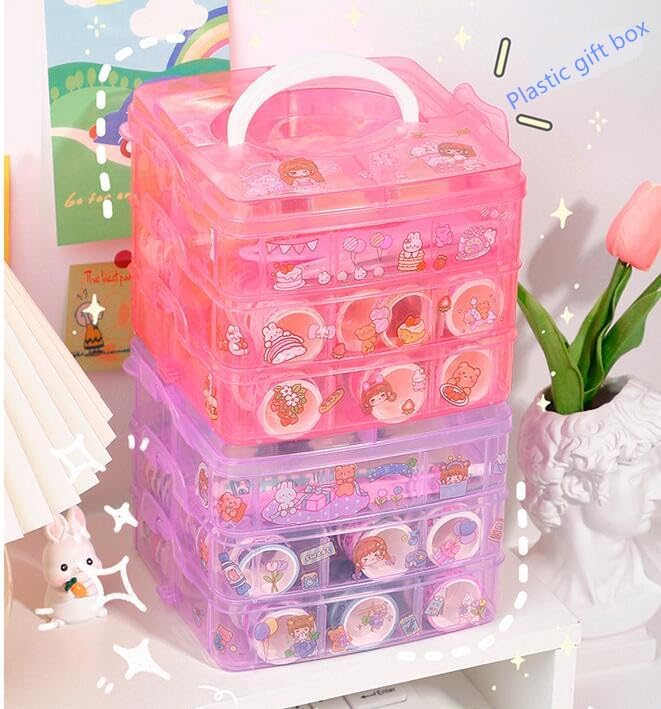 Washi Tape Set - 100 Pcs Designer Decorative Masking Tapes with 20 Pcs Kawaii Stickers, Tweezer, Pen and Spatula in 3 Layer Box, Tapes for DIY Art & Crafts, Wrapping (B)