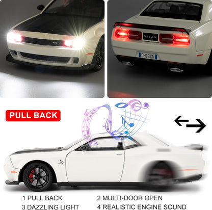 1/24 Dodge Challenger Hellcat Model Car, Zinc Alloy Pull Back Toy car with Sound and Light for Kids Boy Girl Gift