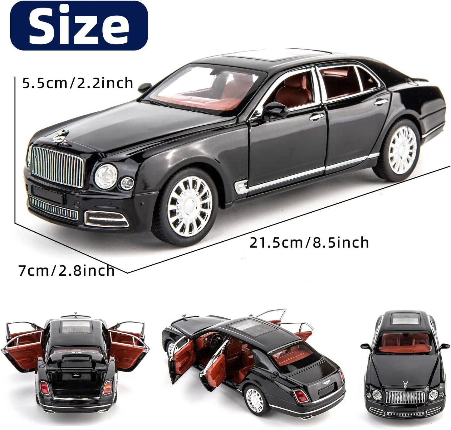 1:24 Scale Bentley Mulsanne Diecast Cars Models, Pull Back Car Toys with 6 Open Doors, Light and Sound, Boys Toys Kids Adults Gift