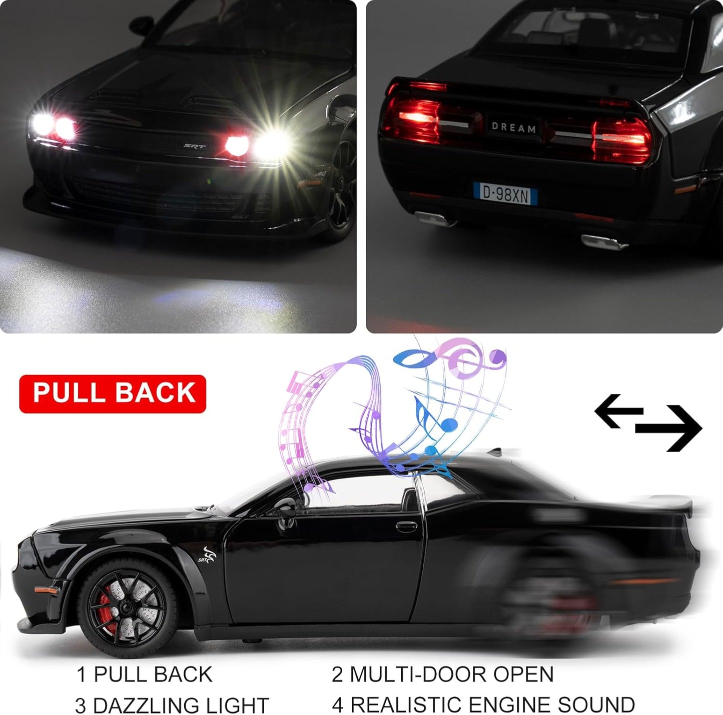 1/24 Dodge Challenger Hellcat Model Car, Zinc Alloy Pull Back Toy car with Sound and Light for Kids Boy Girl Gift