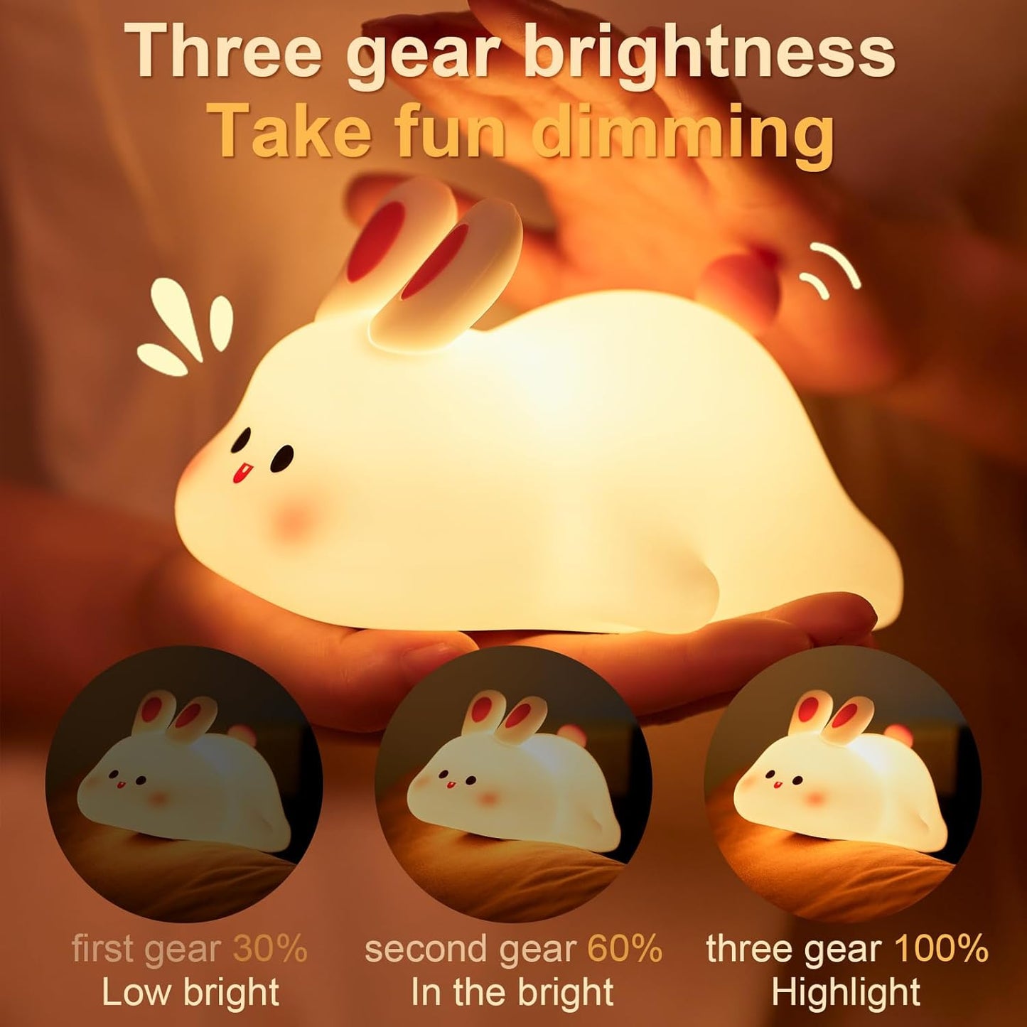 Rabbit Night Light for Kids,Cute Silicone Baby lamp, Dimmable Light up Bunny