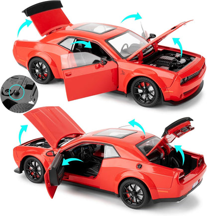 1/24 Dodge Challenger Hellcat Model Car, Zinc Alloy Pull Back Toy car with Sound and Light for Kids Boy Girl Gift