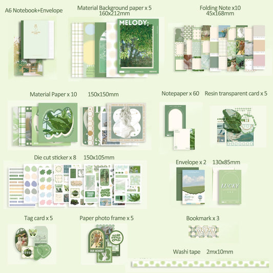 ARNIYAVALA Poetry of Misty Island Green Junk Journal & Scrapbook Kit 🌿📚: A6 Notebook, Stickers, DIY Set with Vintage Aesthetic & Creative Décor Journaling Supplies.