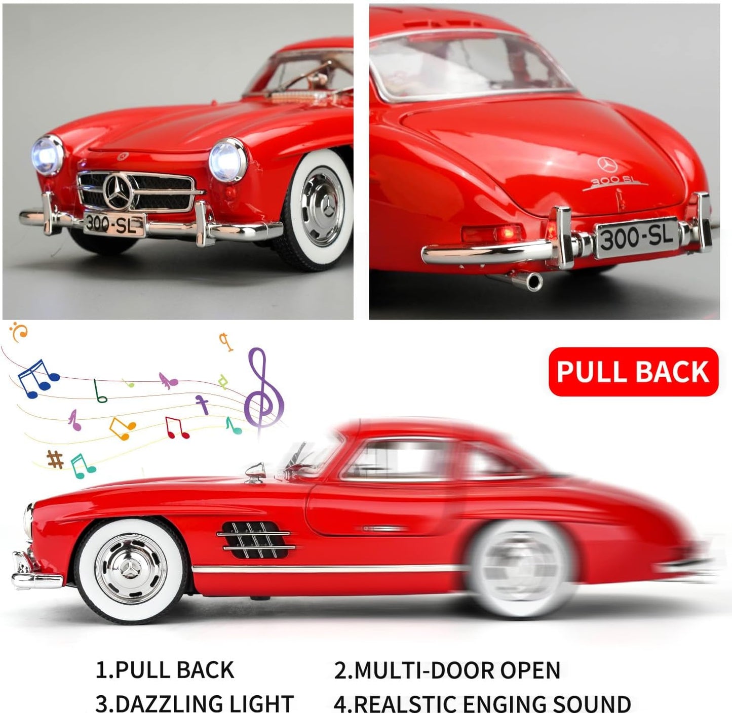 Benz 300 SL Classic Cars Model Car, Zinc Alloy Pull Back Toy car with Sound and Light for Kids Boy Girl Gift